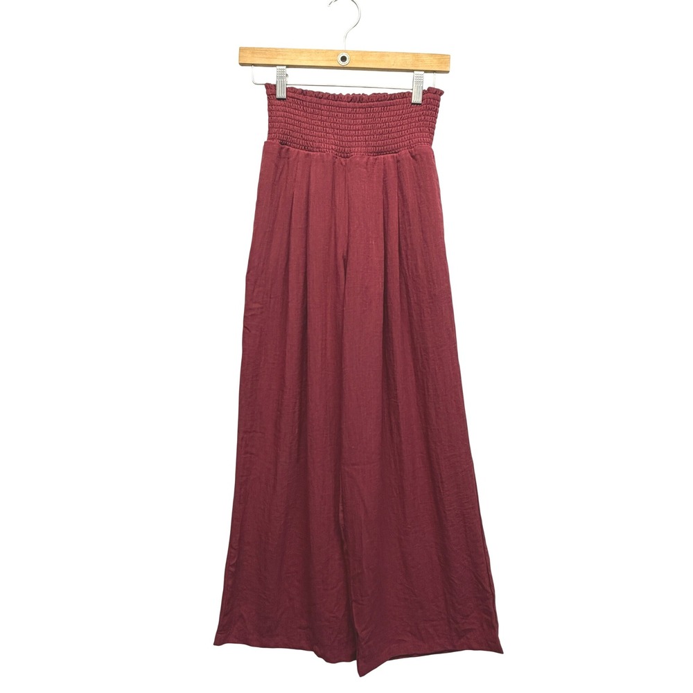 Halara XS Regular Burgundy Red Smocked High Waisted Wide Leg Pants NWT